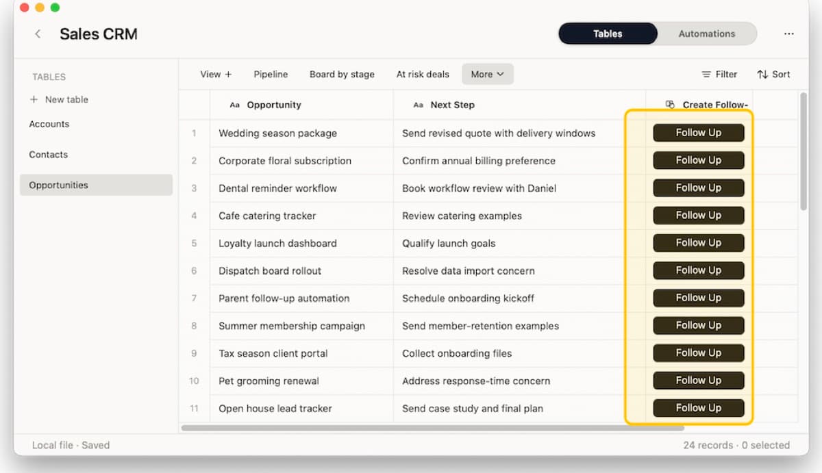 Macrows table with row action buttons for follow-up work