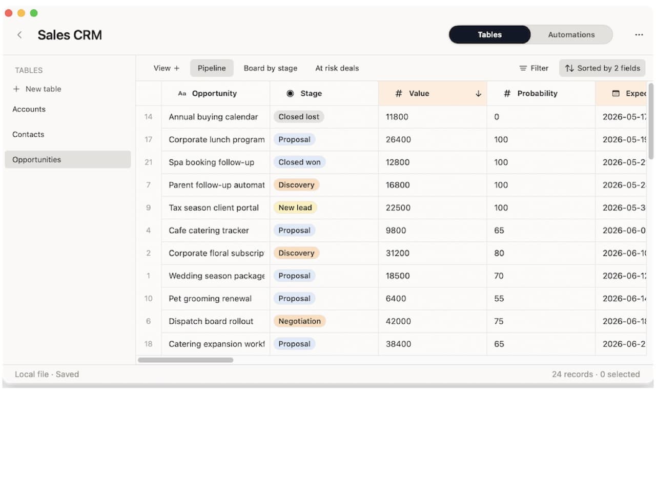Macrows grid showing a structured client workflow table with statuses and fields