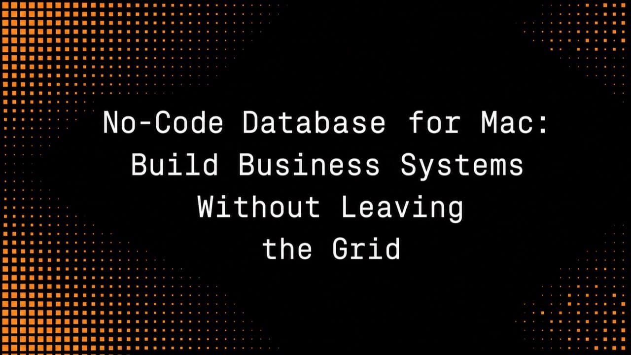 Black Macrows title card with orange pixel-halftone squares and centered white no-code database article title text.