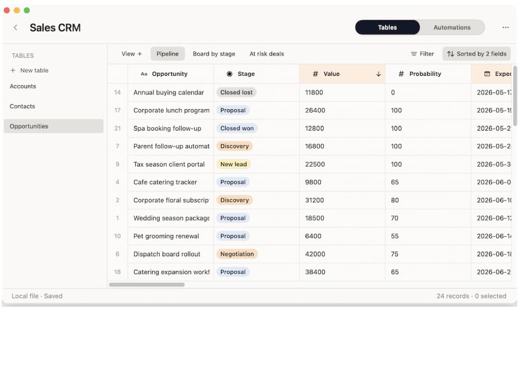 Macrows table view showing relationship records in a structured grid