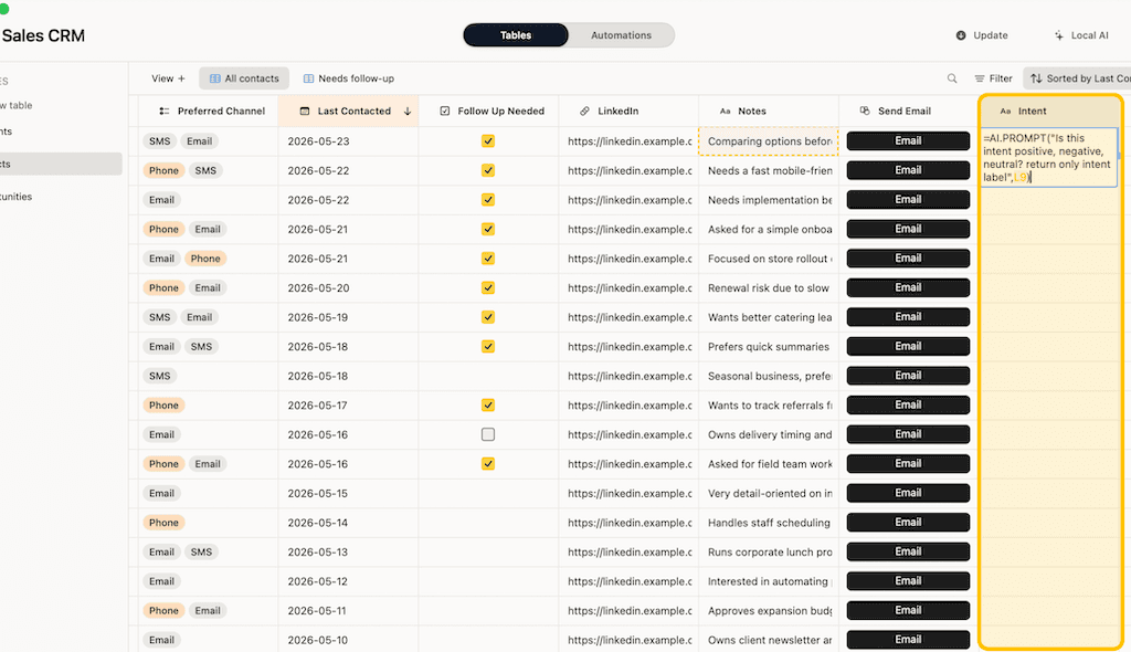 Macrows showing a Local AI intent column in a Sales CRM table