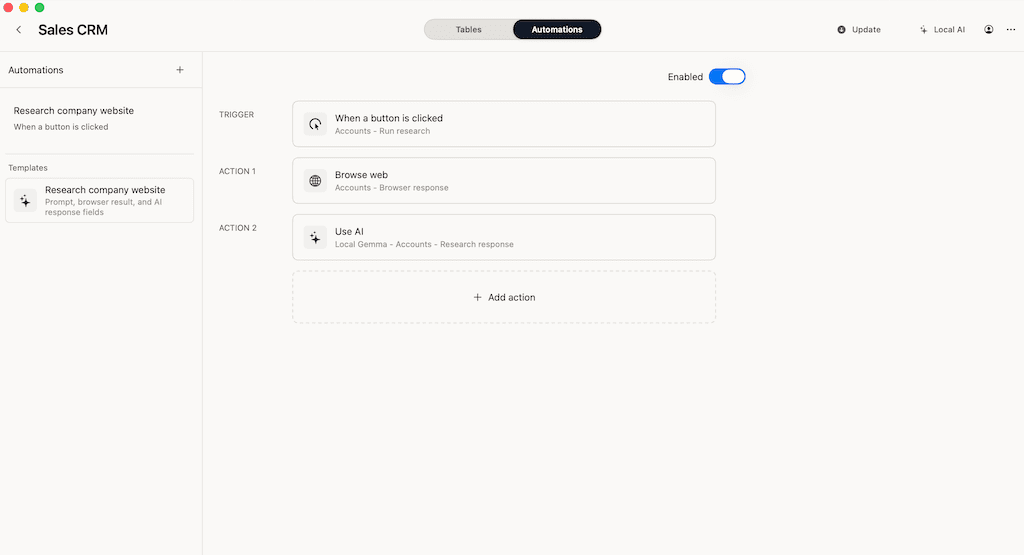 Macrows automation view showing a research company website action and local AI response step